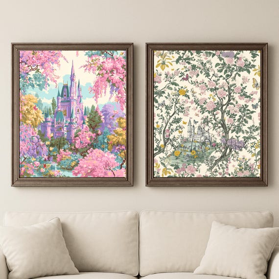 Magical Fairytale Castle Wall Art | Pink Floral Storybook Printable | Whimsical Digital Download for Nursery, Kids Room & Playroom Decor