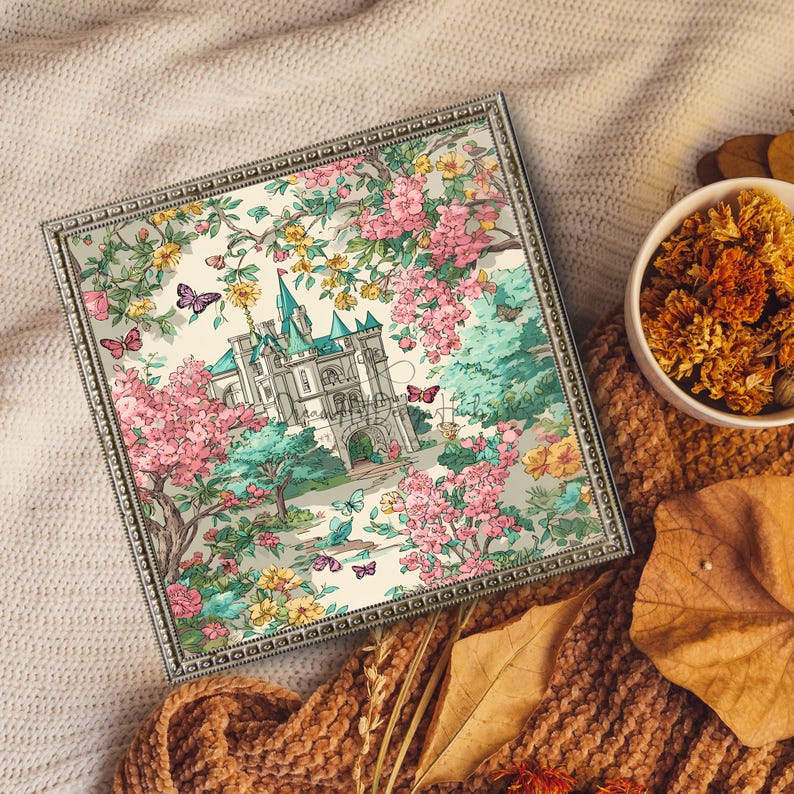 K&ouml;nnte beinhalten: Quadratische dekorative Box mit einer detaillierten Illustration eines Schlosses, umgeben von rosa und gelben Blumen, Schmetterlingen und B&auml;umen. Die Box hat einen silbernen Rahmen und liegt auf einer strukturierten Oberfl&auml;che.