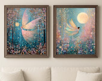 Impressões de parede de fadas da floresta | Decoração de quarto de bebê e menina com fantasia ao luar | Download digital do livro de histórias mágico e encantado