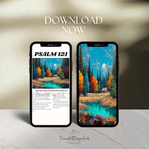 May include: Two smartphones displaying landscape art with a lake, trees, and a cabin. One phone shows "PSALM 121" and text. The top of the image reads "DOWNLOAD NOW". The bottom of the image has the text "Dream Art Design Hub".