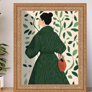 May include: A framed illustration of a person wearing a green patterned coat and carrying a small orange bag. The background is a white wall with green leaves.