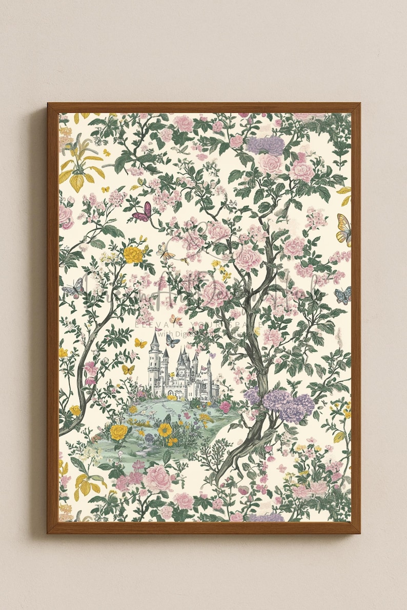 Pode incluir: Uma impress&atilde;o emoldurada com uma cena de jardim caprichosa. A obra de arte apresenta um castelo, &aacute;rvores e flores em tons de rosa, amarelo e roxo, com borboletas. O fundo &eacute; creme.