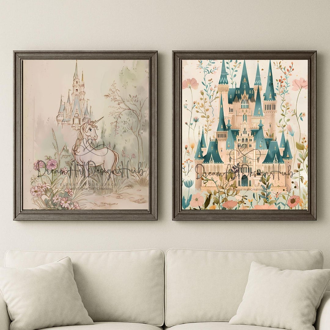 Whimsical Fairytale Castle & Unicorn Wall Art Set Nursery Girls Room ...