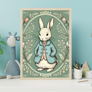 May include: A vintage-style illustration of a white rabbit wearing a blue jacket and a pink vest, set against a green background with floral details.