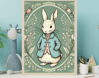 Vintage Peter Rabbit bos kinderkamer decoraties afdrukbare baby kinderkamer muur kunst toile behang cottagecore cutecore stijl digitale print