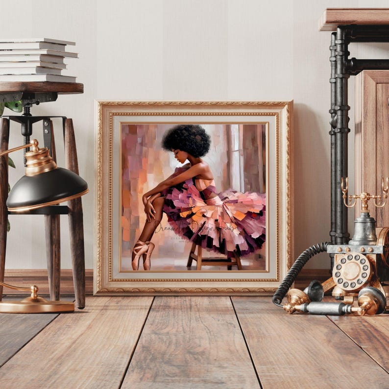 powerful ballerina silhouette art representing movement confidence and Black beauty, contemporary black woman dance wall art transforming empty walls into meaningful spaces