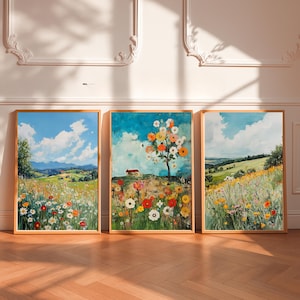 Wildflower Country Fields Set of 3 Summer Botanical Flower Landscape Wall Art Print Floral boho Decor Modern painting Farmhouse Canvas