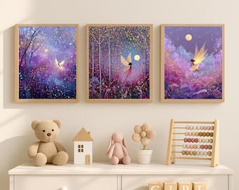 Conjunto de Arte de Parede Aurora Celestia e Faye | Estampas dos Guardiões da Floresta Encantada | Decoração de Quarto de Meninas Caprichosa