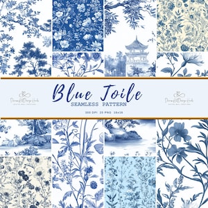 Blaue Chinoiserie Französisch Toile de Jouy Blumenmuster Vintage Nahtlose digitale Tapete Junk Journal Printable für Schlafzimmer Dekor - 1020