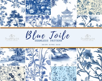 Niebieska Chinoiserie Toile de Jouy: cyfrowa tapeta z motywem kwiatowym (PNG)