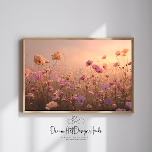 Puede incluir: Impresión enmarcada que presenta un campo de flores de cosmos en tonos rosa, melocotón y blanco, sobre un suave atardecer dorado. La obra está firmada "Dream Art Design Hub" e incluye el texto "Elevate Your Space with Digital Wall Creations."