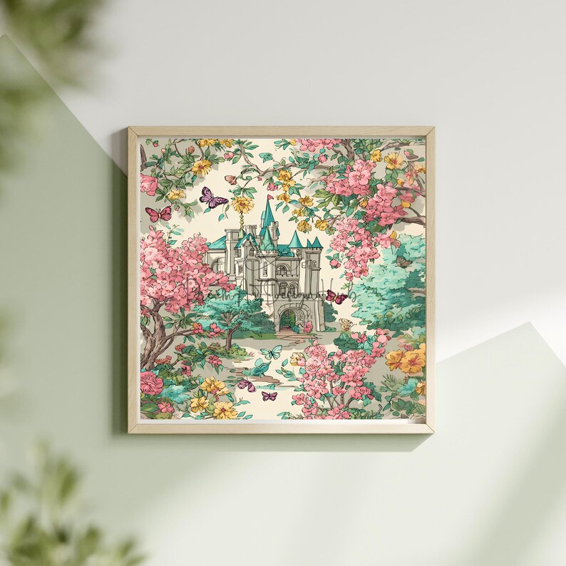 K&ouml;nnte beinhalten: Ein gerahmter Druck mit einer skurrilen Illustration eines Schlosses, das von &uuml;ppigen G&auml;rten umgeben ist. Das Kunstwerk zeigt eine Pastellfarbpalette mit rosa, gelben und gr&uuml;nen floralen Elementen und Schmetterlingen. Das Schloss hat blaue T&uuml;rme.