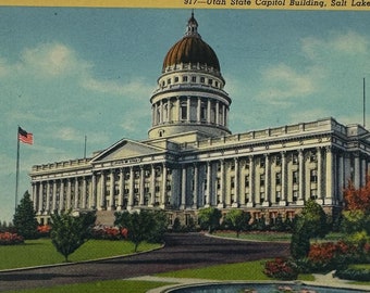 917 - Utah State Capitol Building, Salt Lake City, Utah Vintage Linen Postcard Invited to Utah's Centennial in 1947 - Deseret Book Co.