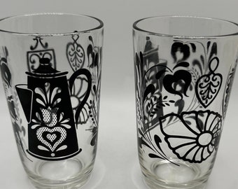 Set of Two (2) Black Juice Glasses with Teapot and Trivets