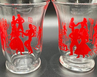 Set of Two (2) Vintage Juice Glasses Red with Country Line Dancing Silhouettes