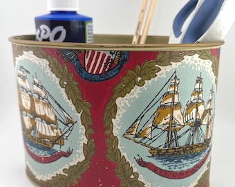 Vintage Americana Tin Ship Nautical Decor USS United States Military Decor Metal Container Desk Organizer