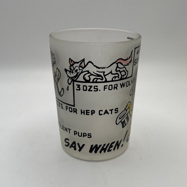 Hazel Atlas Say When Frosted Shot Glass - Mouse, Dog, Cat, Wolf, Lion