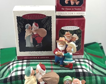 Hallmark Santa & Mrs. Claus Ornaments 1995 Christmas Eve Kiss, 1998 and 1999 Clauses on Vacation - Vintage Holiday Collector's Series