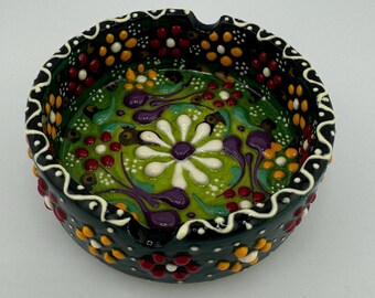 Vintage Hand Painted Ashtray Floral Red Yellow Green Purple