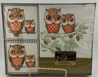 1950s Owl Napkins and Paper Coasters by Party Smarty Monogram of California, San Francisco Vintage Retro