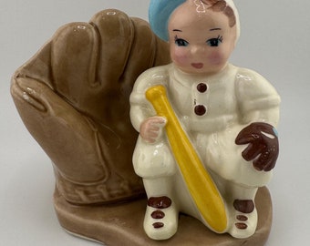 Vintage Baseball Player Glove Bat Ceramic Vase Planter Container