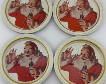 Four (4) Vintage Coca-Cola Santa Claus Tin Coasters Coke