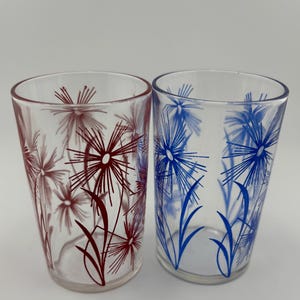 Pair of 1950s "Swanky Swig" Juice Glass with Red and Blue Cornflower Design