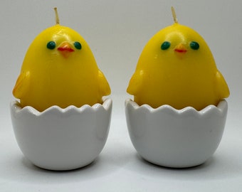 Easter Ceramic Egg with Yellow Chick Candle Vintage Pair