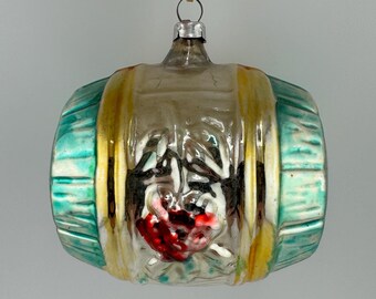 Vintage German Wine Cask Barrel Grapes Leaves Glass Christmas Ornament