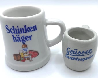 Two Mini German Beer Mugs  Schinken Hager and Griiser Berchtensgaden Vintage