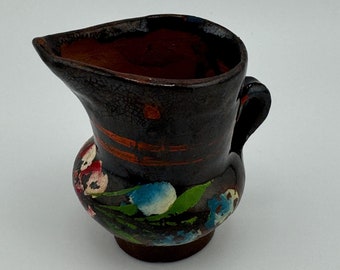 Vintage Mexican Pottery Mini Jug Vase Hand Painted Flowers Red Clay