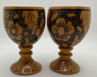 Two Hand Painted Wood Egg Cups with Black Floral Designs