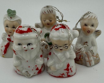 Five Vintage Yuletide Novelty Tree Ornament Bells  Mr. Clause, Mrs. Clause, Angels and Mrs. Snowman