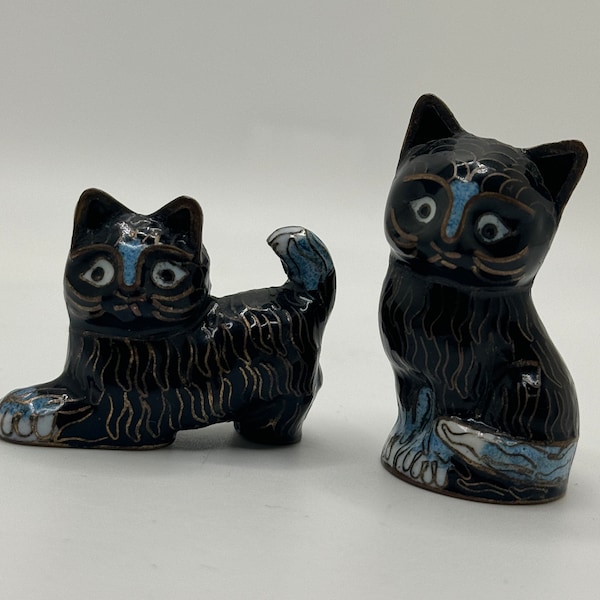 Vintage Pair of Cloisonné Cats Excellent Condition Blue - Two Kittens