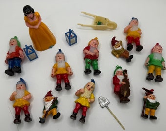 Snow White and Dwarfs Cupcake Toppers Wheelbarrow, Lantern, Shovels Vintage Gnomes 16 Pieces