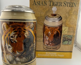 Budweiser 1990 Asian Tiger Lidded Beer Stein Endangered Species Series In Box FREE Shipping in USA