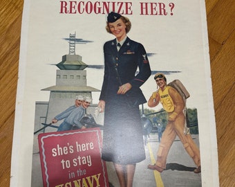1948 US Navy Recruiting Poster NH 78872 Rex Reichert 20"x14" "Recognize Her? She's here to stay in the U.S. Navy"