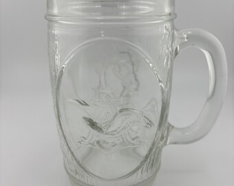 Anheuser-Busch Beer Glass Barrel Mug with Logo and Clydesdales 117 Fuller NE Grand Rapids Michigan 16 OZ VINTAGE