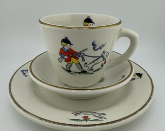 Vintage Hunting Boy with Dog Plate Bowl and Mug Shenango China New Castle, Pennsylvania