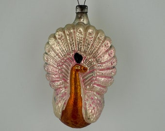 German Antique Glass Rainbow Figural Peacock Christmas Ornament 1930s