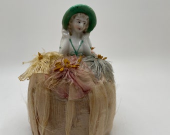 1920s Porcelain Half Doll Pincushion with Bonnet and Light Pink Dress