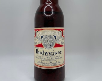 Budweiser Advertising Cut Away Bottle Showcasing on Back - Barley Malt, Rice, Imported Hops, Domestic Hops, Carbonation and Beechwood Chips