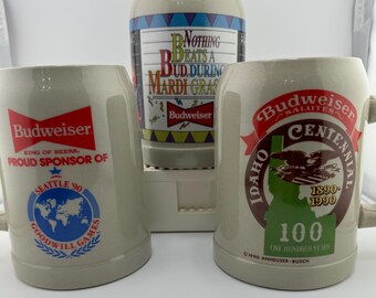 Budweiser 1990s Beer Steins - Idaho Centennial - Seattle Goodwill Games - Mardi Gras 1991 FREE Shipping in USA Bud Beer Mug