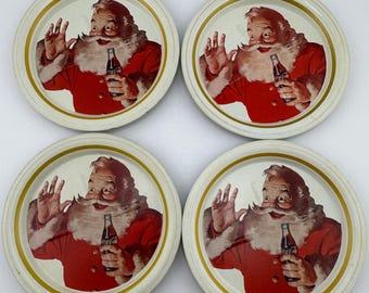 Four (4) Vintage Coca-Cola Santa Claus Tin Coasters Coke