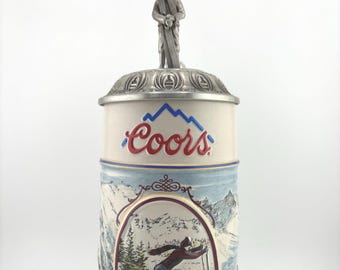 Limited Edition 1991 Coors Pewter Lidded Stein Rocky Mountain Legend Series Vintage Ski Lodge Decor Beer Mug Brewery Collectible Skiing Gift