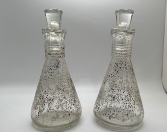 MCM Hazel Atlas Oil and Vinegar Cruet Set Speckled Gold White Black with Stoppers