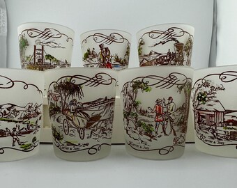 Vintage 1950s Currier & Ives Frosted Small Glasses, Set of 7, 3.25" Tall