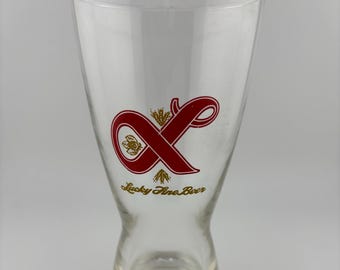 Vintage Lucky Fine Beer 6" Tall Sham Pilsner Bulge Top Glass Red Gold Logo