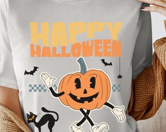 Vintage Halloween Pumpkin Tee Retro Black Cat Fall Fashion  Short Sleeve Shirt Trick or Treat Costume Halloween Shirt