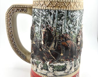 Budweiser 1987 Grant’s Farm Gates Holiday Beer Stein – C Series Christmas Collectible – Vintage Anheuser Busch Clydesdale Horses Mug